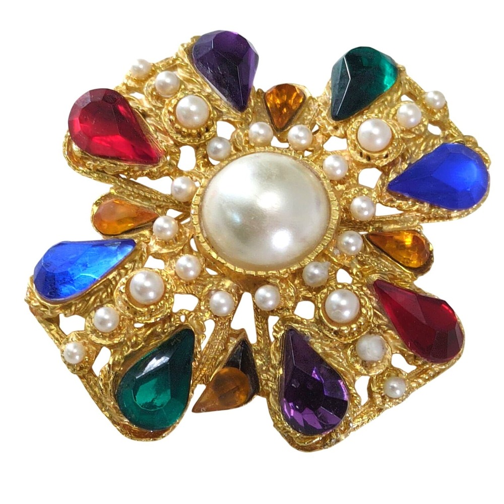 Vintage 90s Maltese Cross‎ 2" Brooch Multicolor Rhinestone Faux Pearl Gold Tone